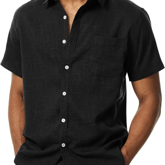 Mens Wrinkle Free Short Sleeve Button Down Shirt Linen-Like Texture Shirts Casua